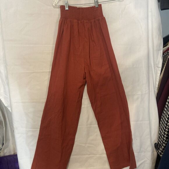 Orange Linen Blend High Rise Drawstring Wide Leg Crop Pants Sz Small - Picture 2 of 6
